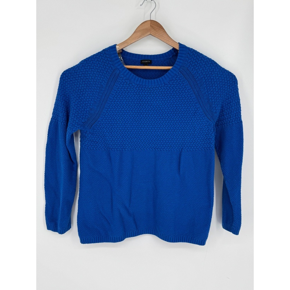 Talbots Sz XL Blue Pullover Sweater Cable Cotton Cashmere Blend Crew Neck E2